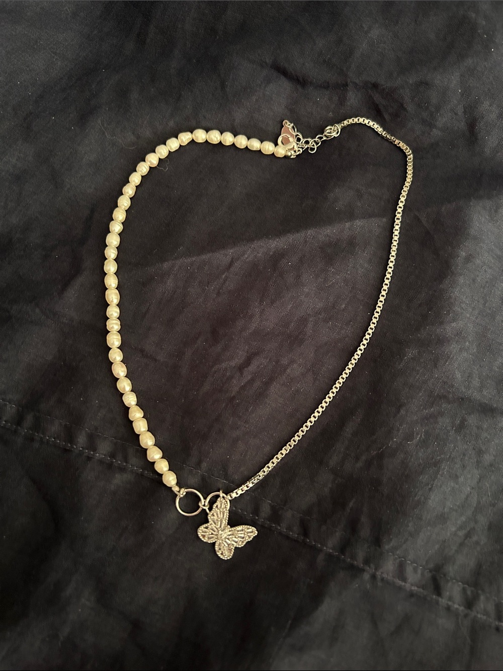 Rivka Friedman rhodium plated, genuine Pearl Butterfly Necklace.